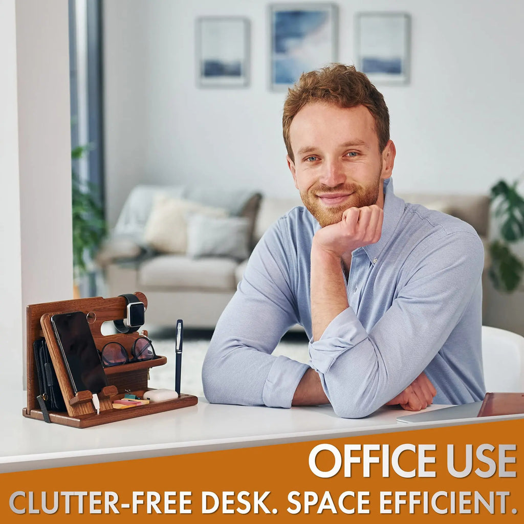 Wood Phone Docking Station with Drawer - Nightstand Organizer - Desk Organizer for Husband - Birthday Gifts for Men, Dad, Anniversary Idea, Key Holder Stand Watch & Accessories