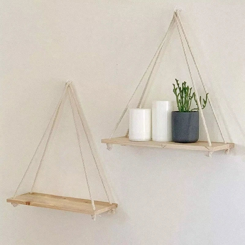 Wooden Swing Hanging Hemp Rope Wall Shelve Mounted Floating Home Living Room Plant Flower Pot Tray Storage Garden Decoration