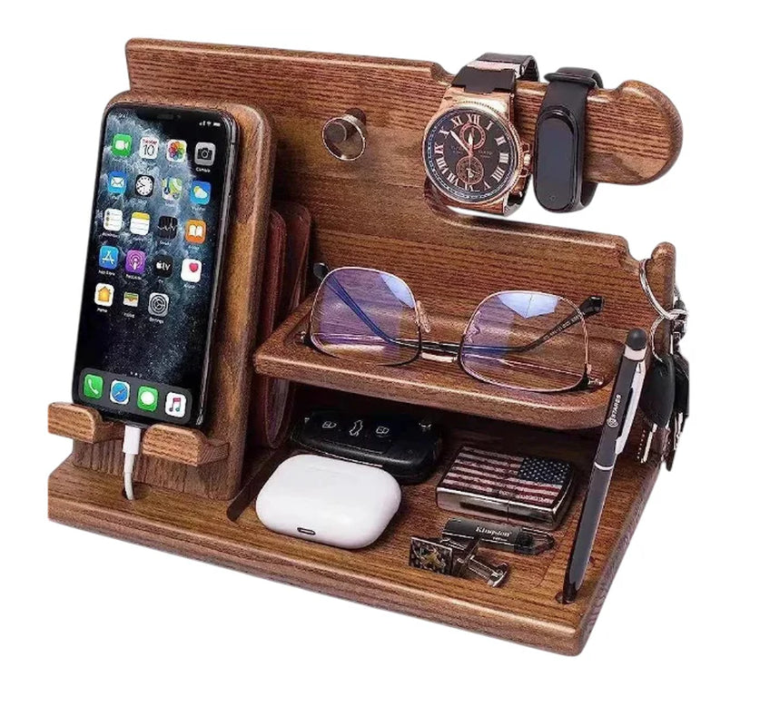 Wood Phone Docking Station with Drawer - Nightstand Organizer - Desk Organizer for Husband - Birthday Gifts for Men, Dad, Anniversary Idea, Key Holder Stand Watch & Accessories
