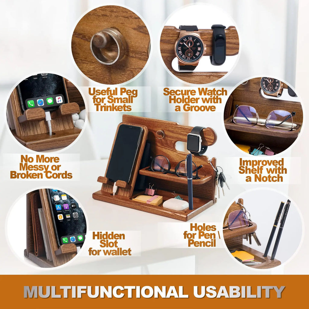 Wood Phone Docking Station with Drawer - Nightstand Organizer - Desk Organizer for Husband - Birthday Gifts for Men, Dad, Anniversary Idea, Key Holder Stand Watch & Accessories