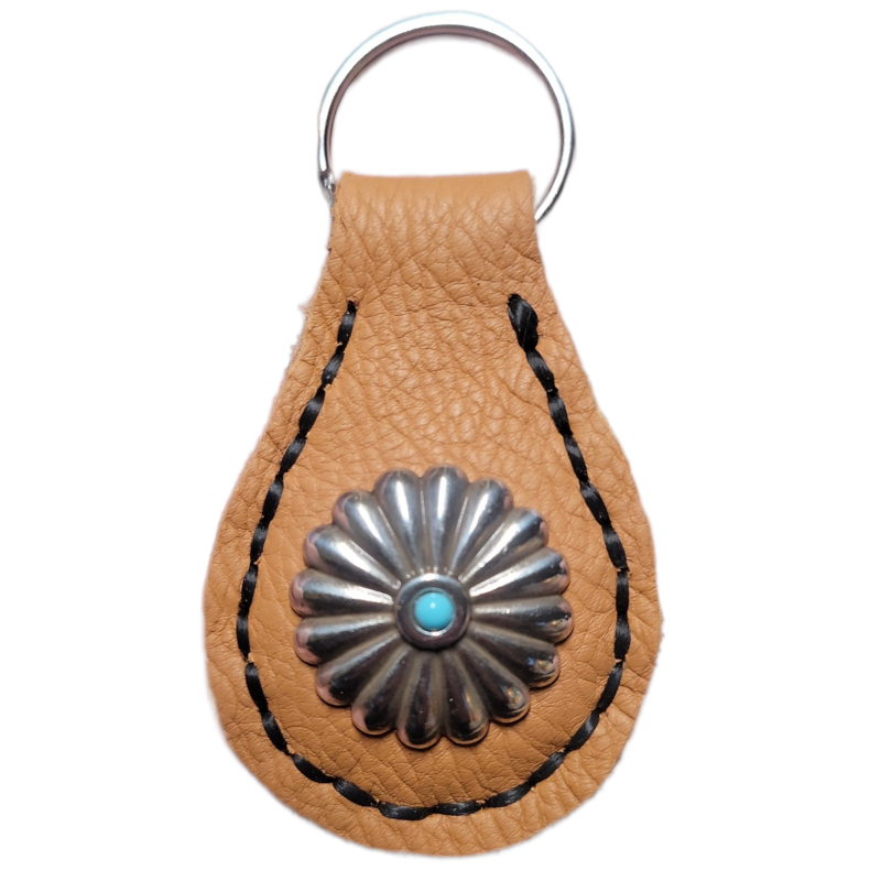 Handcrafted Western Leather Keychain with Silver Concho & Turquoise Accent