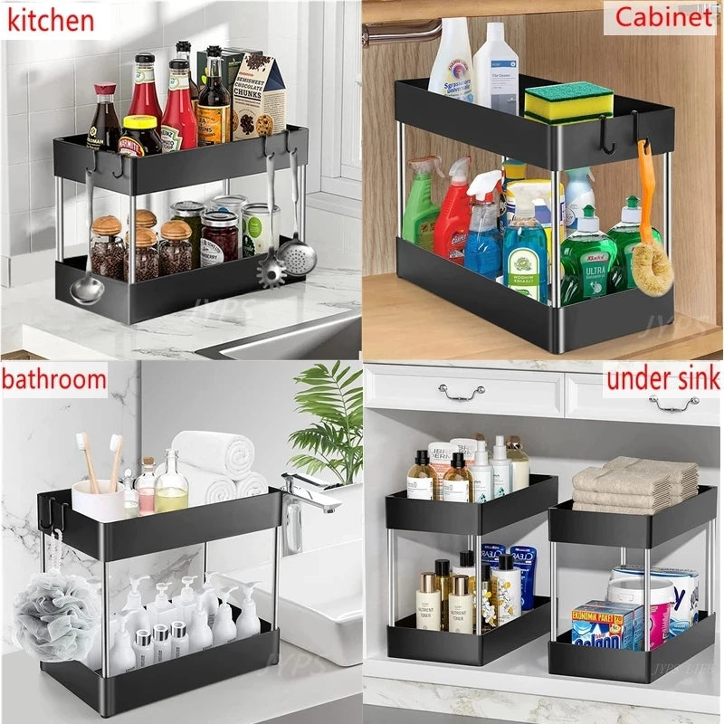 2 Tier under Sink Organizer Kitchen Organizer Cabinet Storage Rack Multipurpose Rack under Sink Storage for Bathroom Kitchen