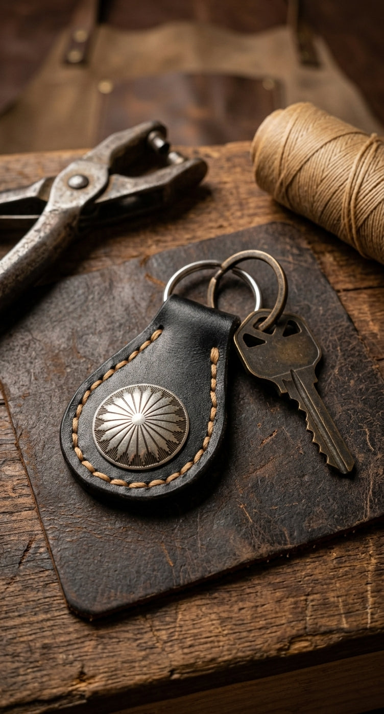 Handcrafted Leather Western Keychain - Black