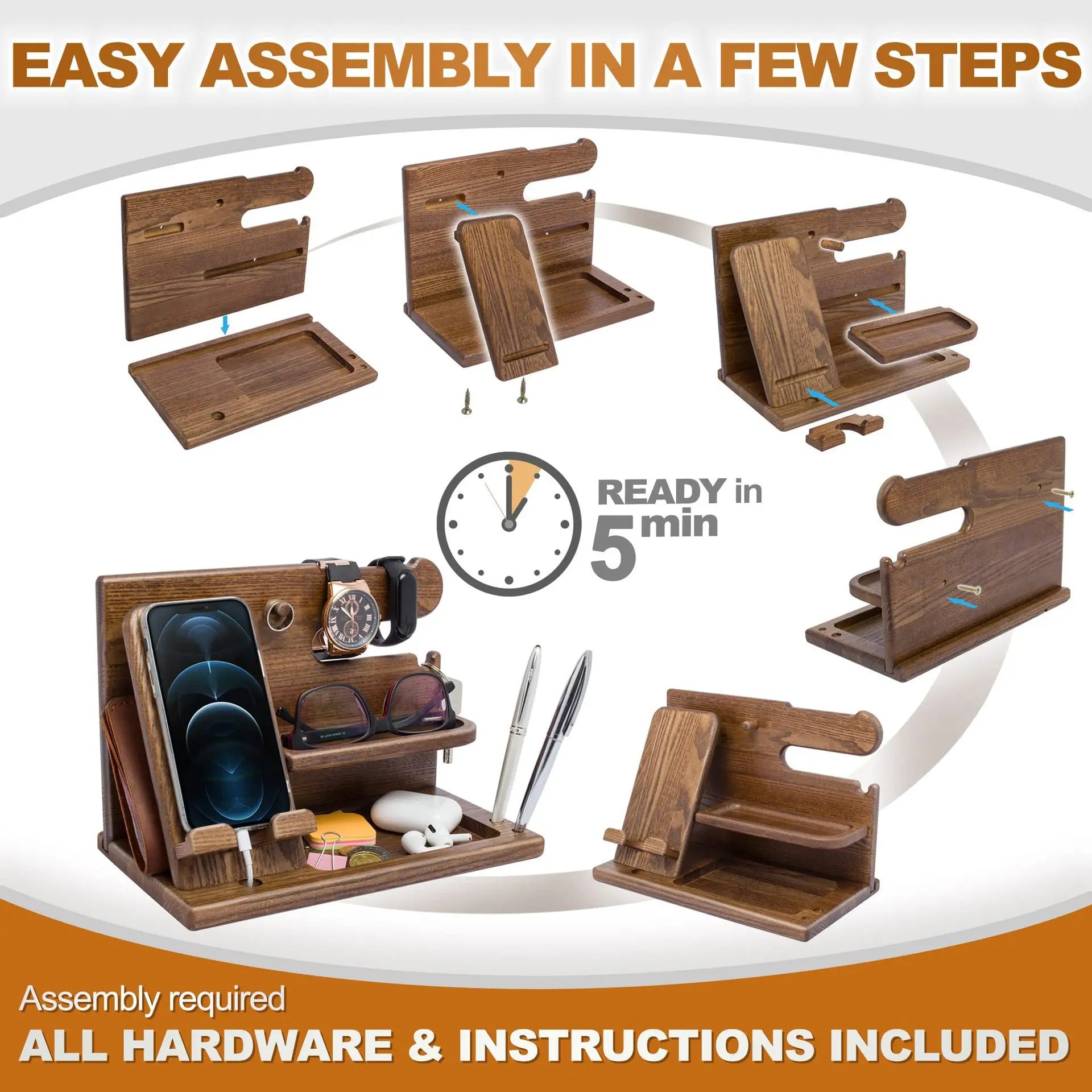 Wood Phone Docking Station with Drawer - Nightstand Organizer - Desk Organizer for Husband - Birthday Gifts for Men, Dad, Anniversary Idea, Key Holder Stand Watch & Accessories