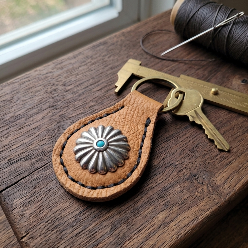 Handcrafted Western Leather Keychain with Silver Concho & Turquoise Accent